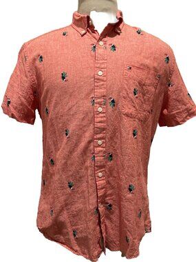 TOMMY HILFIGER All Over Toucan Chambray Linen Blend Button Shirt Large